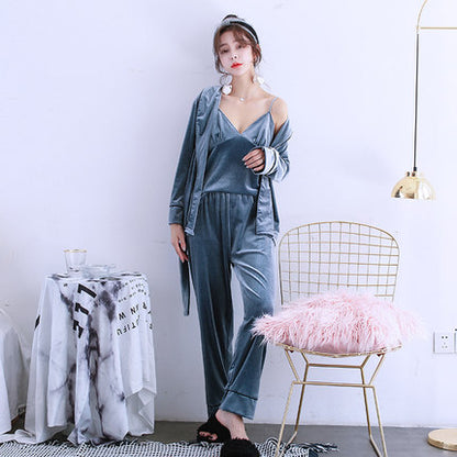 Importé - Ensemble Pyjamas Nuisette Femme 3 Pièces Manche Longue velours