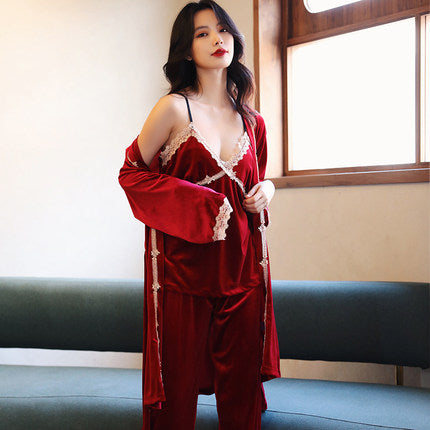 Importé - Ensemble Pyjamas Nuisette Femme 3 Pièces Manche Longue Col En V