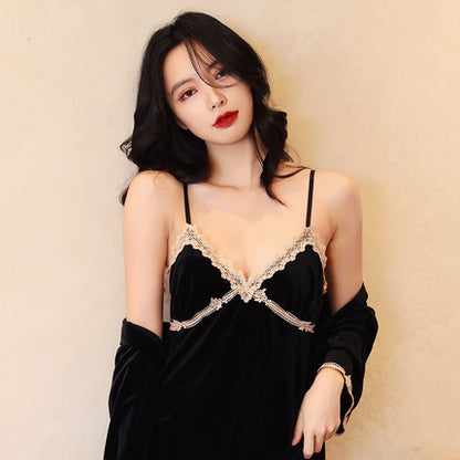 Importé - Ensemble Pyjamas Nuisette Femme 3 Pièces Manche Longue Col En V