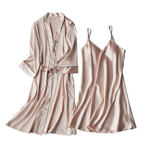 Importe - Ensemble Pyjamas Nuisette Femme Slim 2 Pièces Manche Longue Avec Col V En Soie