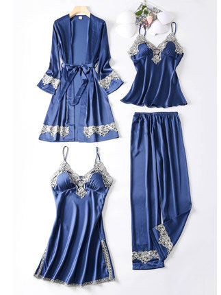 Importé - Ensemble Pyjamas Nuisette Femme 4 Pièces Manche Longue En Detelle