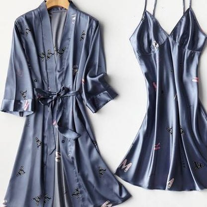 Importe - Ensemble Pyjamas Nuisette Femme Slim 2 Pièces Manche Longue Avec Col V En Soie
