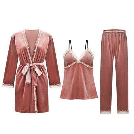 Importé - Ensemble Pyjamas Nuisette Femme 3 Pièces Manche Longue Col En V