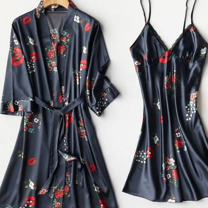 Importe - Ensemble Pyjamas Nuisette Femme Slim 2 Pièces Manche Longue Avec Col V En Soie