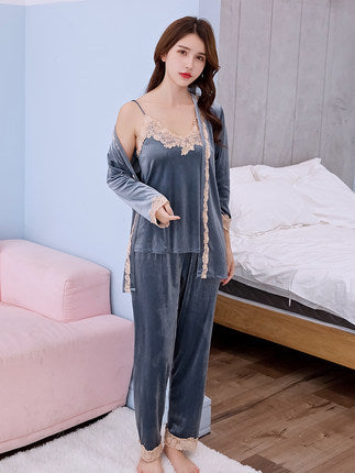 Importé - Ensemble Pyjamas Nuisette Femme 3 Pièces Manche Longue velours