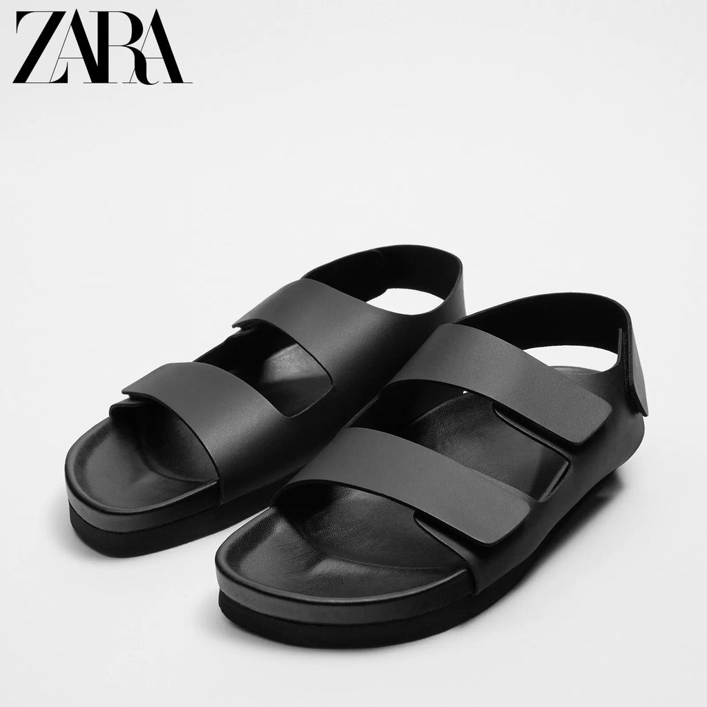 Importé - ZARA NEW - Chaussure Homme Sandales Rétro A Lanières En Cuir - Noir