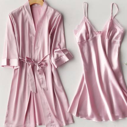 Importe - Ensemble Pyjamas Nuisette Femme Slim 2 Pièces Manche Longue Avec Col V En Soie
