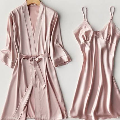 Importe - Ensemble Pyjamas Nuisette Femme Slim 2 Pièces Manche Longue Avec Col V En Soie