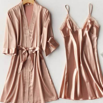 Importe - Ensemble Pyjamas Nuisette Femme Slim 2 Pièces Manche Longue Avec Col V En Soie