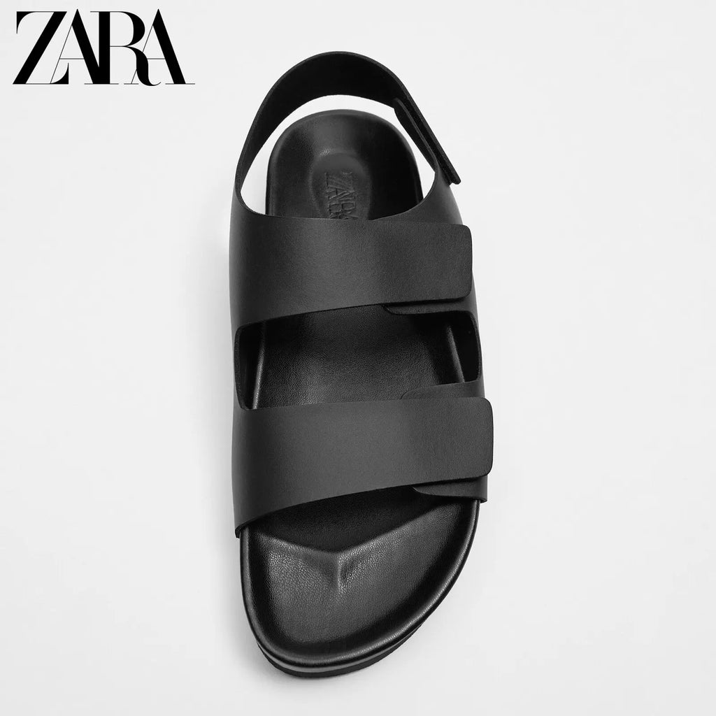 Importé - ZARA NEW - Chaussure Homme Sandales Rétro A Lanières En Cuir - Noir