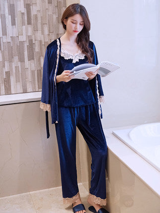 Importé - Ensemble Pyjamas Nuisette Femme 3 Pièces Manche Longue velours