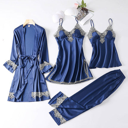 Importé - Ensemble Pyjamas Nuisette Femme 4 Pièces Manche Longue En Detelle