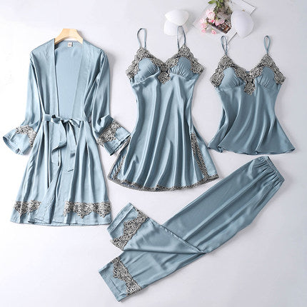 Importé - Ensemble Pyjamas Nuisette Femme 4 Pièces Manche Longue En Detelle
