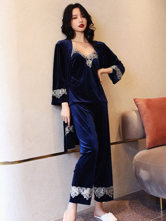 Importé - Ensemble Pyjamas Nuisette Femme 3 Pièces Manche Longue Col En V