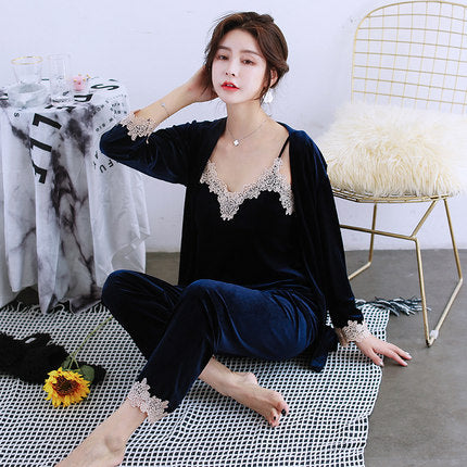 Importé - Ensemble Pyjamas Nuisette Femme 3 Pièces Manche Longue Col En V