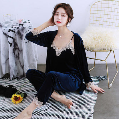 Importé - Ensemble Pyjamas Nuisette Femme 3 Pièces Manche Longue Col En V