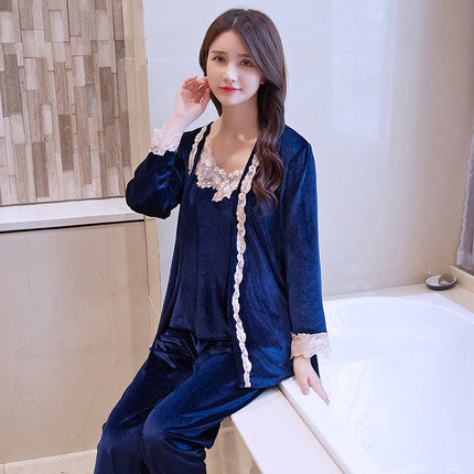 Importé - Ensemble Pyjamas Nuisette Femme 3 Pièces Manche Longue velours