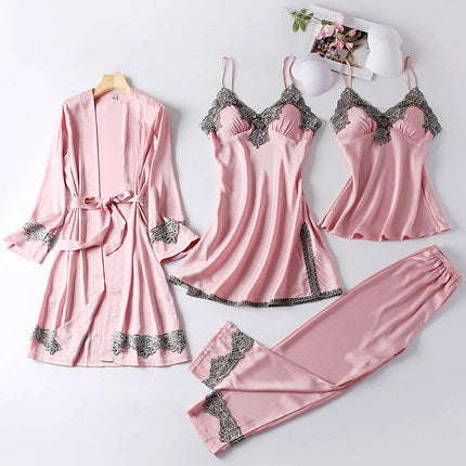 Importé - Ensemble Pyjamas Nuisette Femme 4 Pièces Manche Longue En Detelle