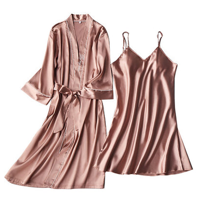 Importe - Ensemble Pyjamas Nuisette Femme Slim 2 Pièces Manche Longue Avec Col V En Soie