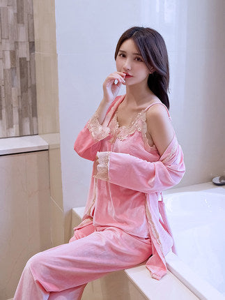 Importé - Ensemble Pyjamas Nuisette Femme 3 Pièces Manche Longue velours