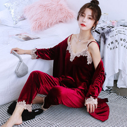 Importé - Ensemble Pyjamas Nuisette Femme 3 Pièces Manche Longue Col En V