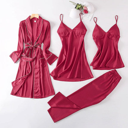 Importé - Ensemble Pyjamas Nuisette Femme 4 Pièces Manche Longue En Detelle