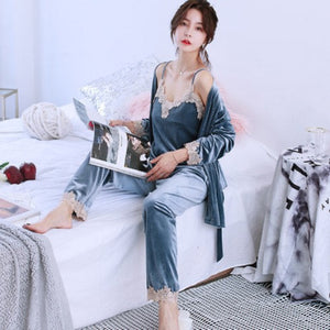 Importé - Ensemble Pyjamas Nuisette Femme 3 Pièces Manche Longue Col En V