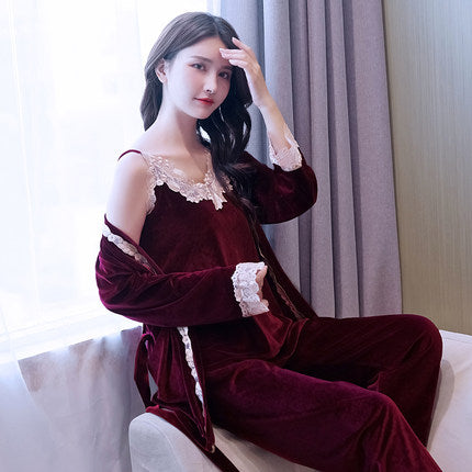 Importé - Ensemble Pyjamas Nuisette Femme 3 Pièces Manche Longue velours
