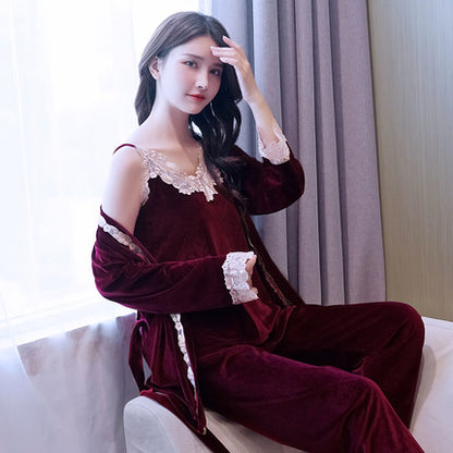 Importé - Ensemble Pyjamas Nuisette Femme 3 Pièces Manche Longue velours