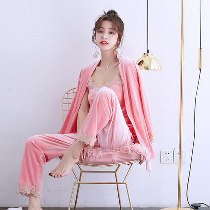 Importé - Ensemble Pyjamas Nuisette Femme 3 Pièces Manche Longue Col En V