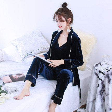 Importé - Ensemble Pyjamas Nuisette Femme 3 Pièces Manche Longue Col En V