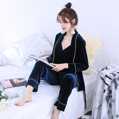 Importé - Ensemble Pyjamas Nuisette Femme 3 Pièces Manche Longue Col En V