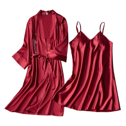 Importe - Ensemble Pyjamas Nuisette Femme Slim 2 Pièces Manche Longue Avec Col V En Soie