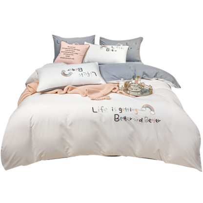 Importé - Ensemble Drap De Lit 4 Pièces Brodé + Housse de Couette 100% Coton