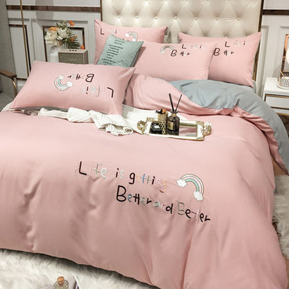 Importé - Ensemble Drap De Lit 4 Pièces Brodé + Housse de Couette 100% Coton