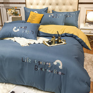 Importé - Ensemble Drap De Lit 4 Pièces Brodé + Housse de Couette 100% Coton