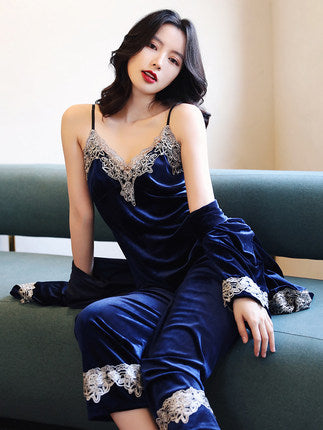 Importé - Ensemble Pyjamas Nuisette Femme 3 Pièces Manche Longue Col En V