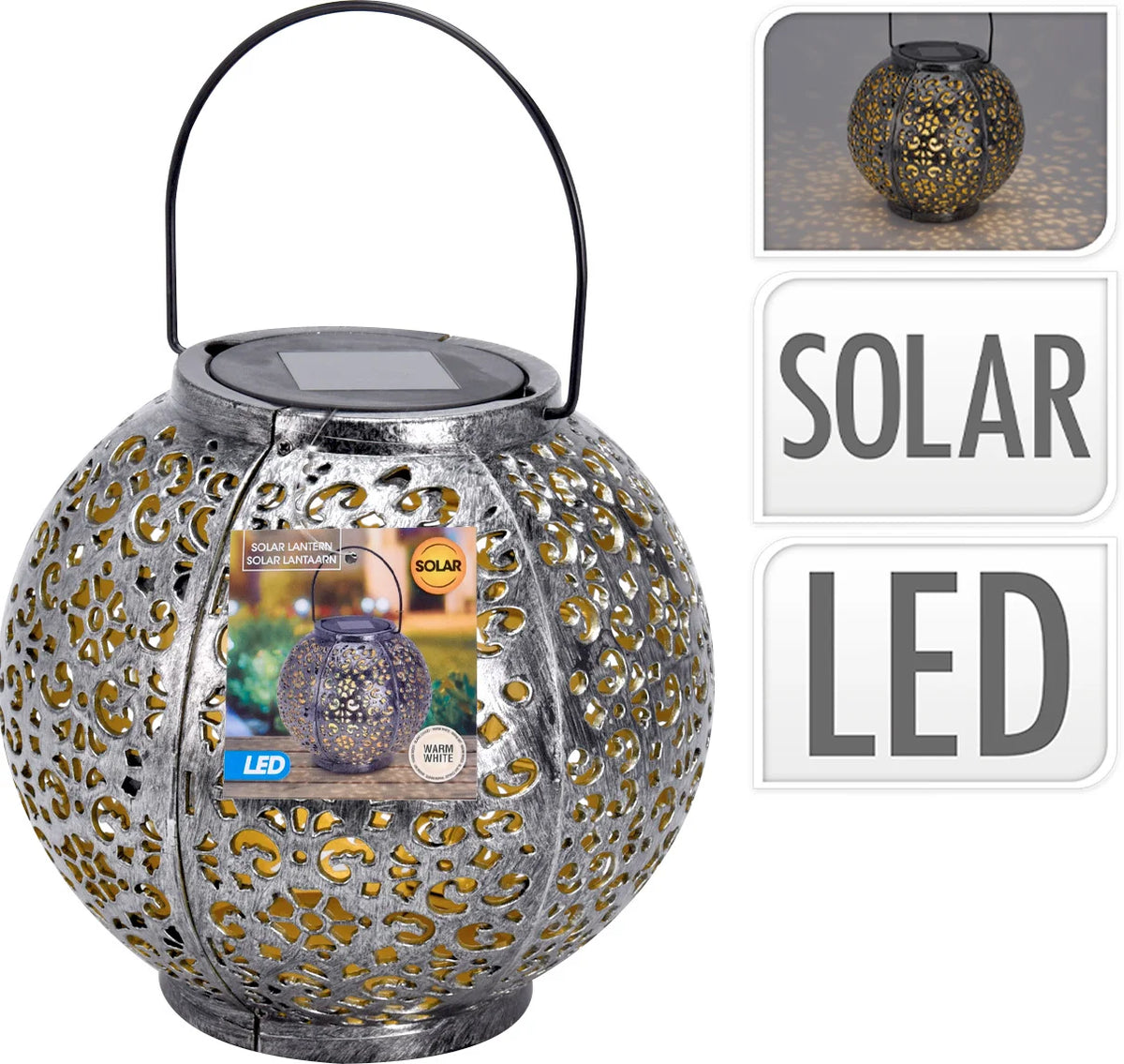 Lanterne solaire en plastique-17cm-effet metal-gris