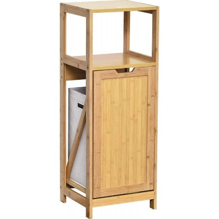 MEUBLE DE SDB EN BAMBOU-98X33X36CM-AVEC PANIER A LINGE-INTEGRE NATUREL-GRIS