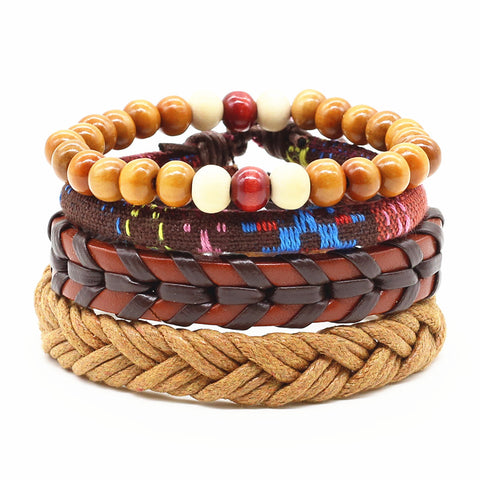 Importé - Bracelets En Cuir 4 pcs Motifs Perle En Bois Armure Tresse Pour Hommes et Femmes